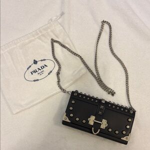 Prada Black and Silver Studded Crossbody wallet on a chain or clutch